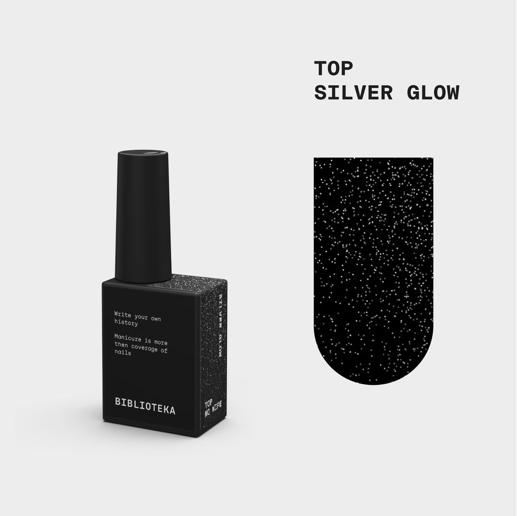BIBLIOTEKA Top Coat sin capa pegajosa con filtro UV — Silver Glow, 10 ml